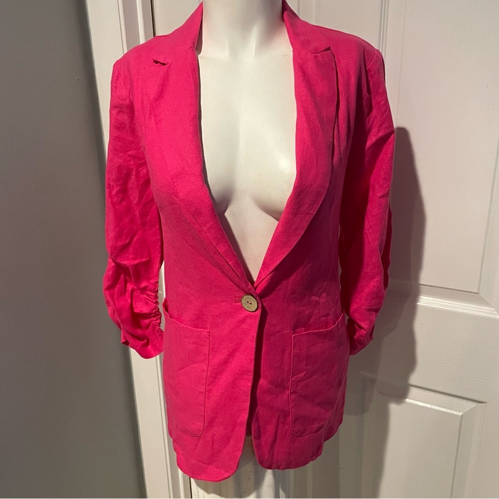 ELLEN TRACY HOT PINK ONE BUTTON LINEN BLAZER/JACKET S/XS